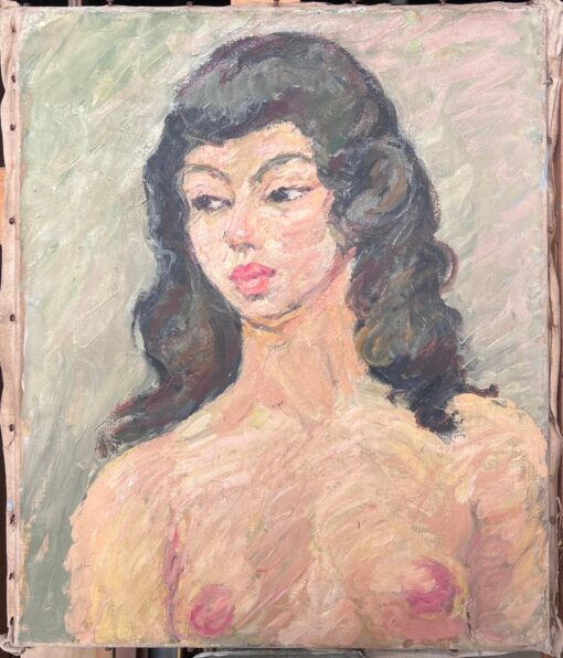 Nude Breast Portrait of A Female with Black Hair French Painting - Image 2