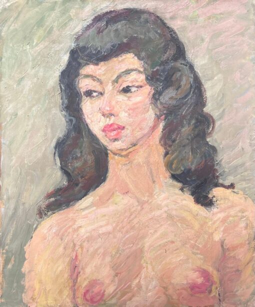 Nude Breast Portrait of A Female with Black Hair French Painting
