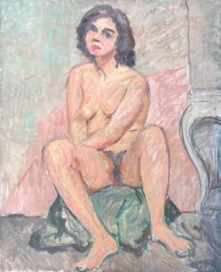 Full Body Nude Female Study Posed On Stall French Mid Century Painting