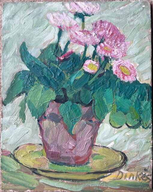 Mid Century French Impressionist Oil Painting Pink Daises In Brown Plant Pot - Image 2