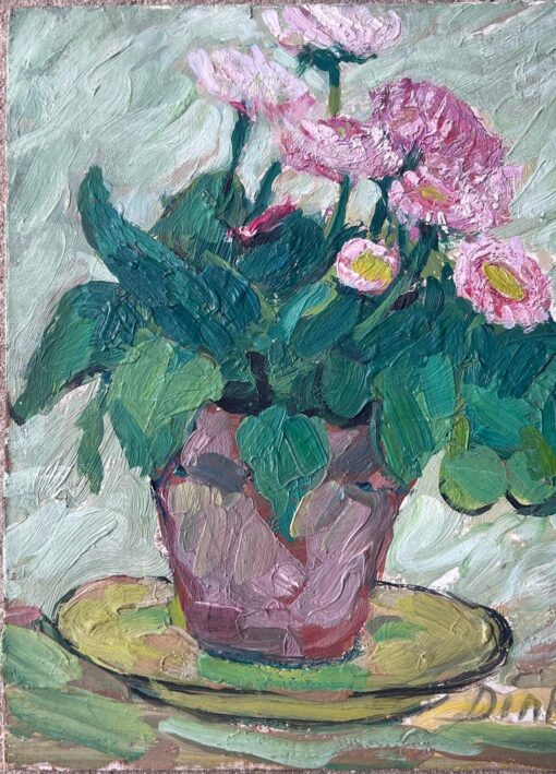 Mid Century French Impressionist Oil Painting Pink Daises In Brown Plant Pot - Image 3