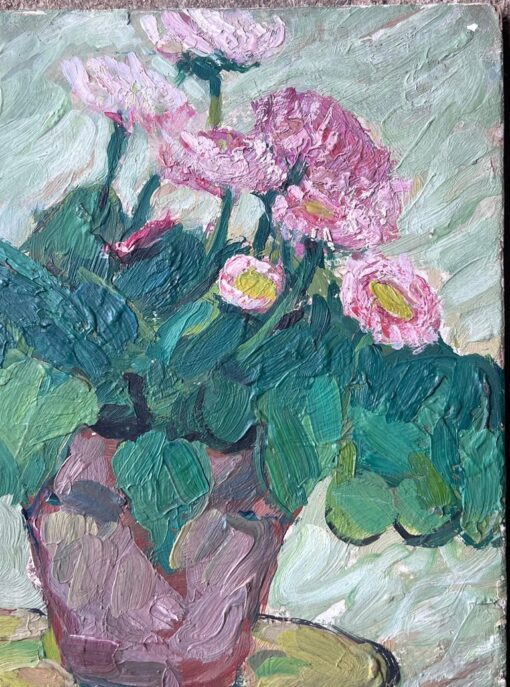 Mid Century French Impressionist Oil Painting Pink Daises In Brown Plant Pot - Image 4