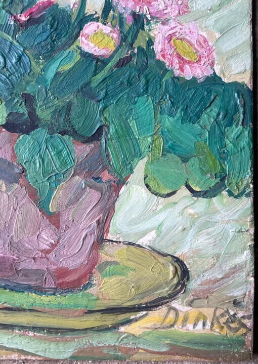 Mid Century French Impressionist Oil Painting Pink Daises In Brown Plant Pot - Image 5