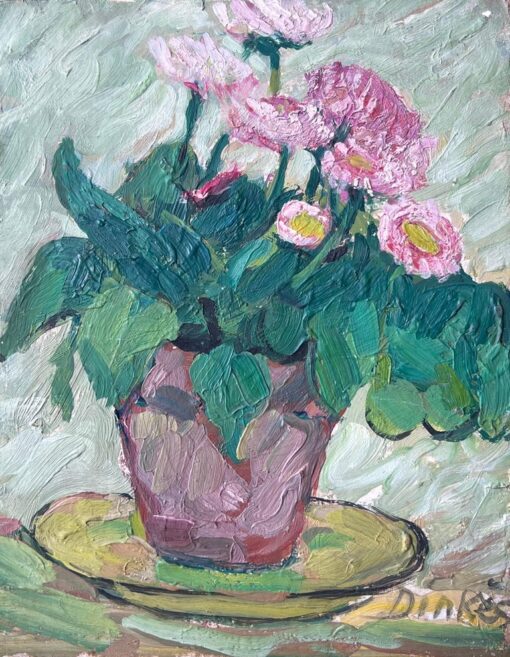 Mid Century French Impressionist Oil Painting Pink Daises In Brown Plant Pot