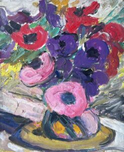 Mid Century French Impressionist Oil Painting Still Life Bright Peonies In Vase