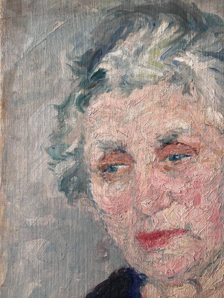 Mid Century French Painting of a Elder Lady Grey Haired Lady In a Blue V Neck - Image 3