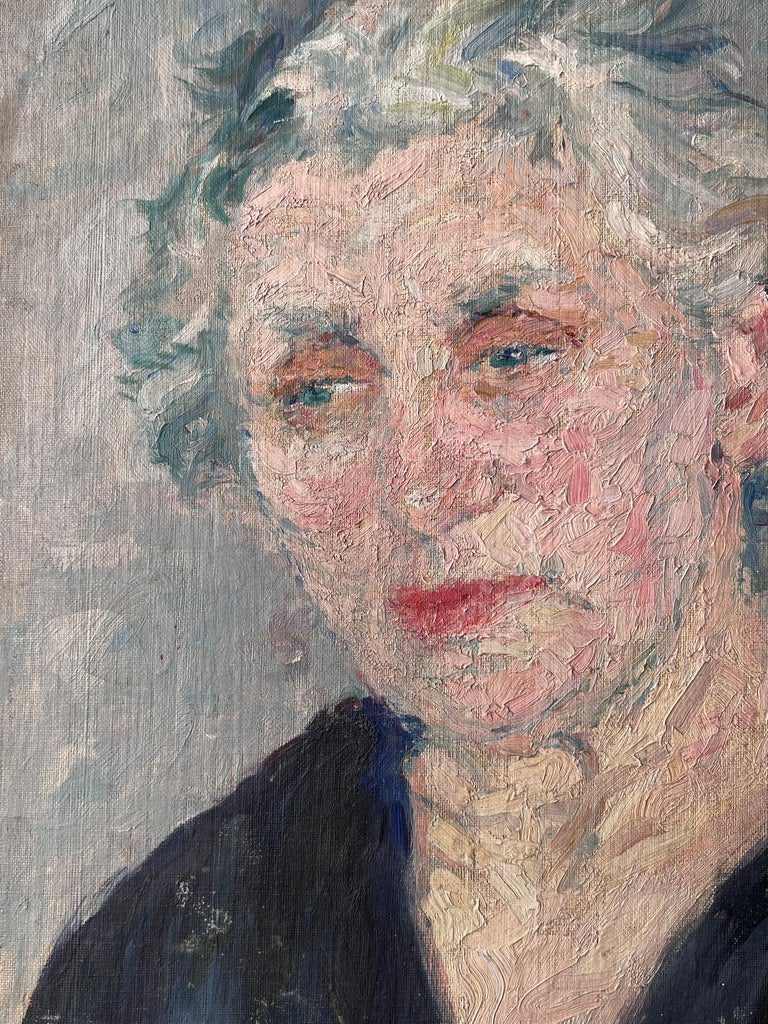 Mid Century French Painting of a Elder Lady Grey Haired Lady In a Blue V Neck - Image 4
