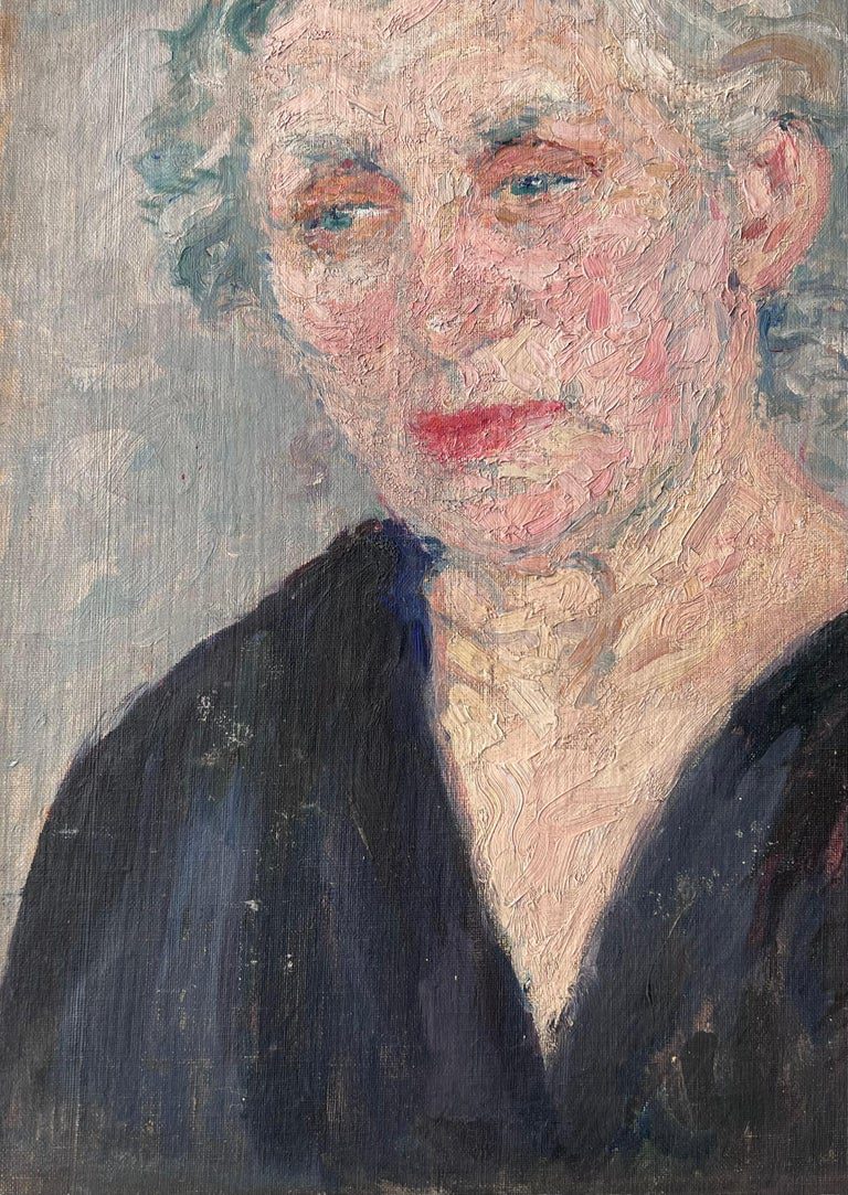Mid Century French Painting of a Elder Lady Grey Haired Lady In a Blue V Neck - Image 5