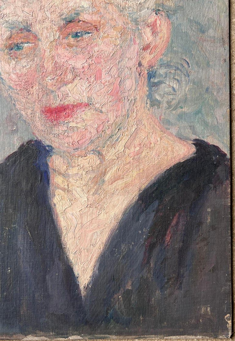 Mid Century French Painting of a Elder Lady Grey Haired Lady In a Blue V Neck - Image 6