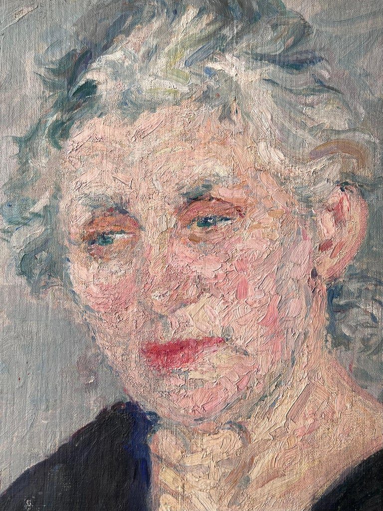 Mid Century French Painting of a Elder Lady Grey Haired Lady In a Blue V Neck - Image 7