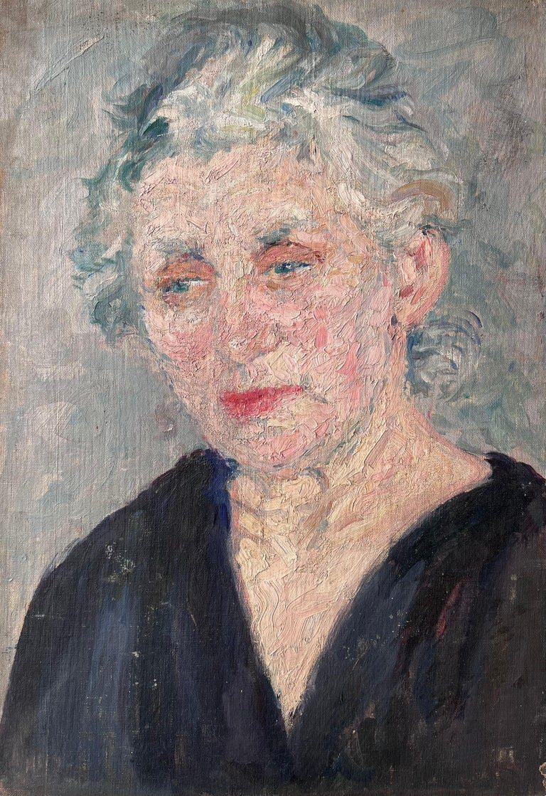 Mid Century French Painting of a Elder Lady Grey Haired Lady In a Blue V Neck