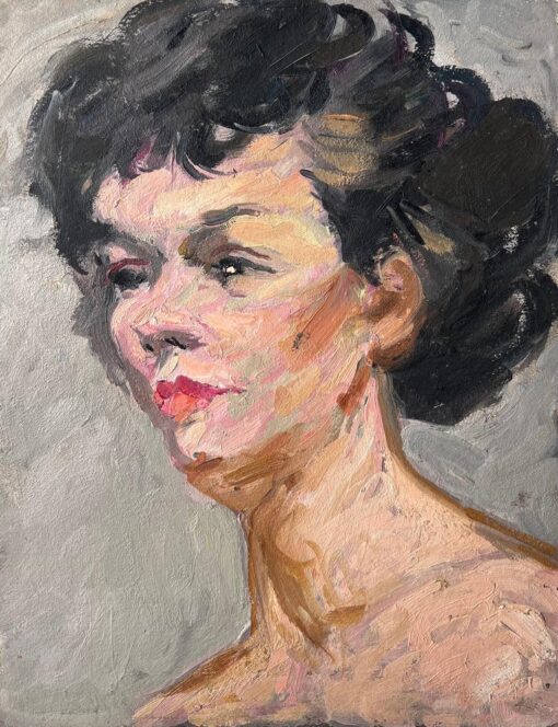 Mid Century French Impressionist Painting Portrait of a Nude Black Haired Lady
