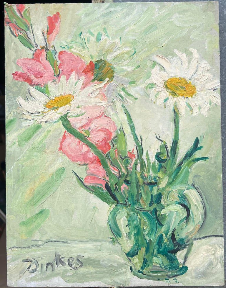 Mid Century French Impressionist Oil Painting Daises and Peonies In Green Glass - Image 2