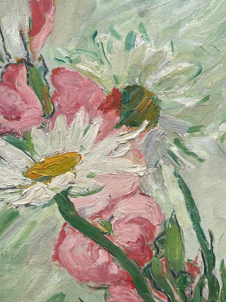 Mid Century French Impressionist Oil Painting Daises and Peonies In Green Glass - Image 3