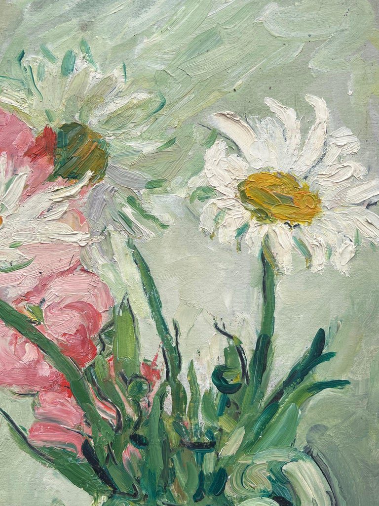 Mid Century French Impressionist Oil Painting Daises and Peonies In Green Glass - Image 4