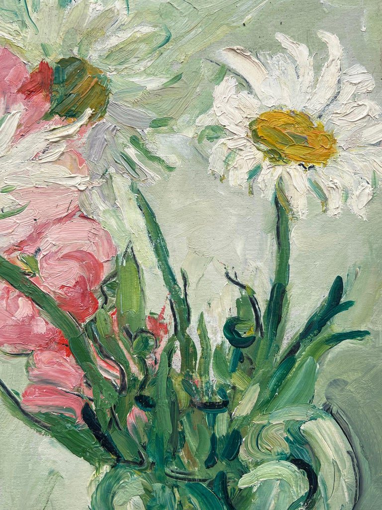 Mid Century French Impressionist Oil Painting Daises and Peonies In Green Glass - Image 5