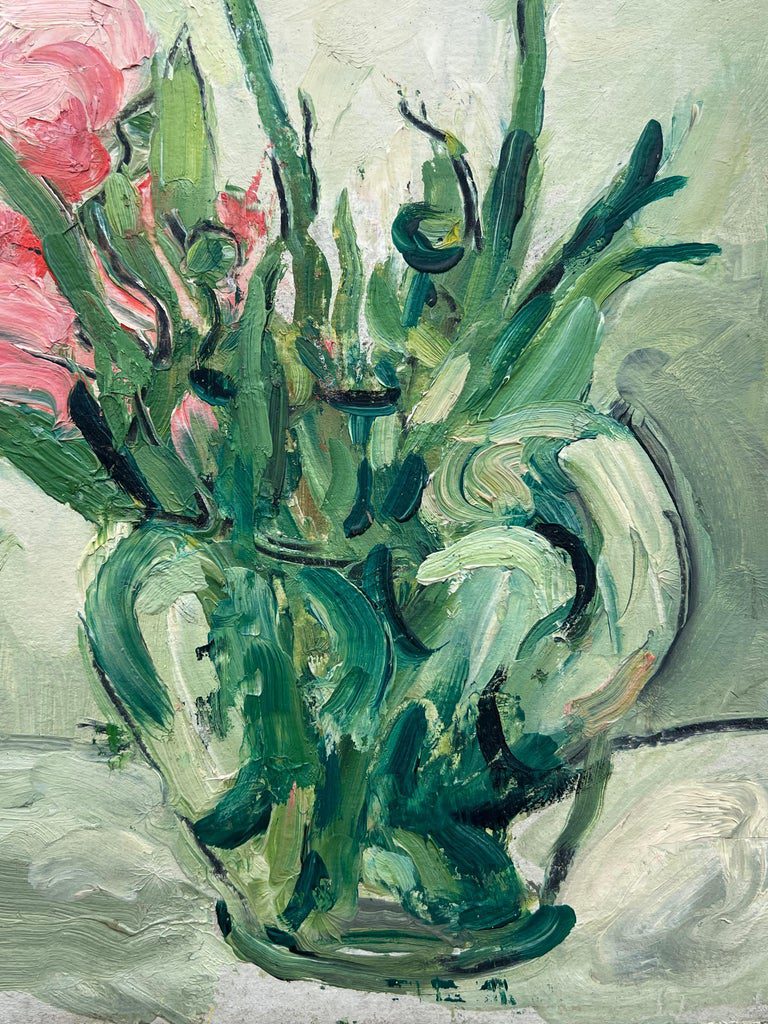 Mid Century French Impressionist Oil Painting Daises and Peonies In Green Glass - Image 6