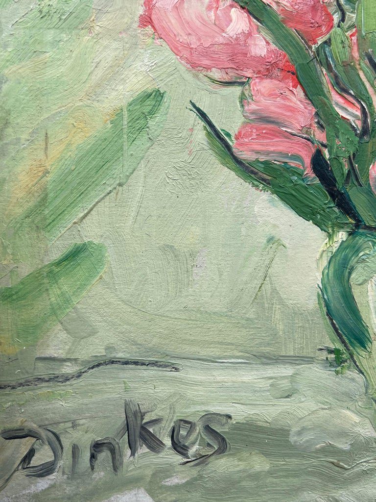 Mid Century French Impressionist Oil Painting Daises and Peonies In Green Glass - Image 7