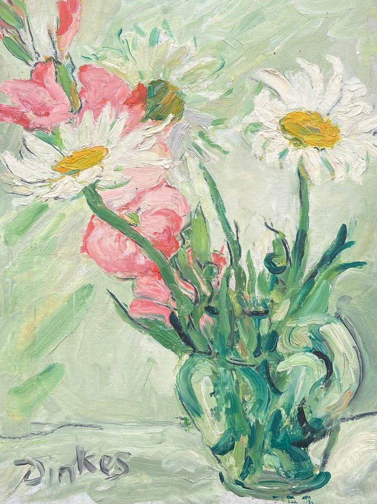 Mid Century French Impressionist Oil Painting Daises and Peonies In Green Glass