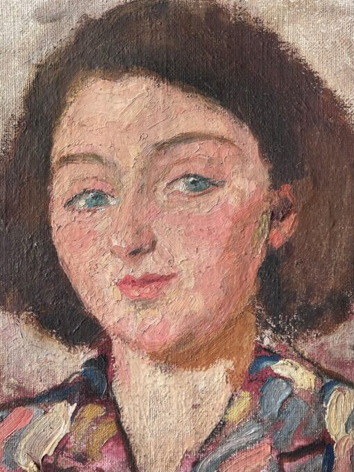 Mid Century French Impressionist Painting Green Eyed Chic Brunette Portrait - Image 3
