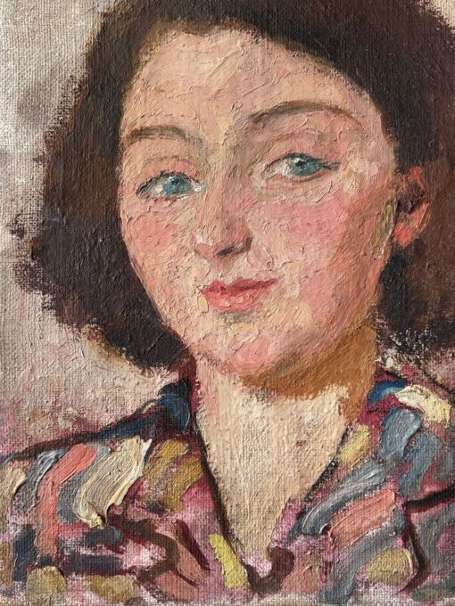 Mid Century French Impressionist Painting Green Eyed Chic Brunette Portrait - Image 4