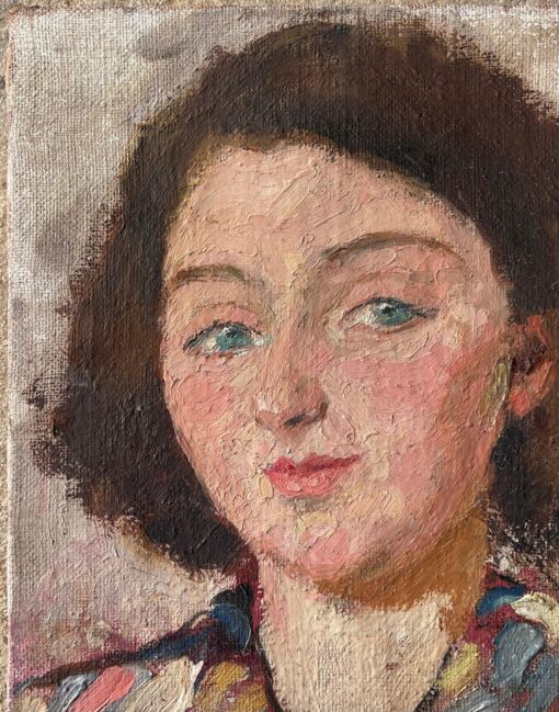 Mid Century French Impressionist Painting Green Eyed Chic Brunette Portrait - Image 5