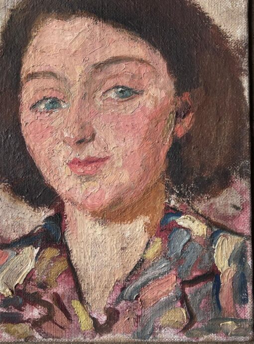 Mid Century French Impressionist Painting Green Eyed Chic Brunette Portrait - Image 7