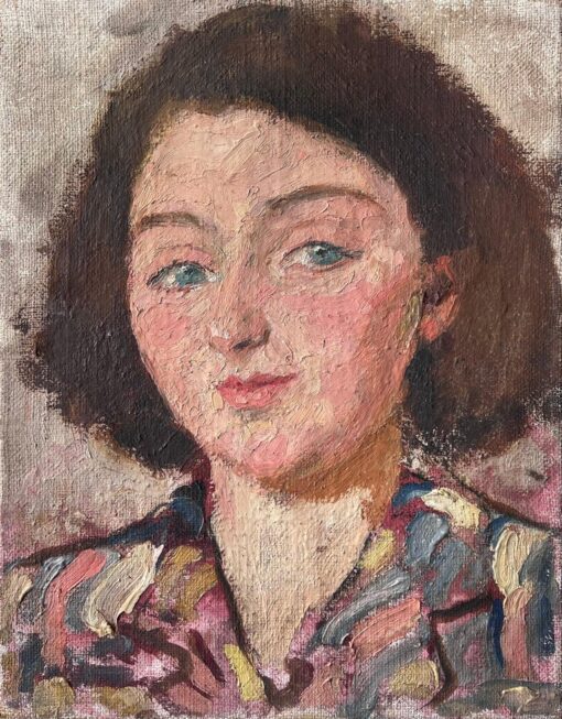 Mid Century French Impressionist Painting Green Eyed Chic Brunette Portrait