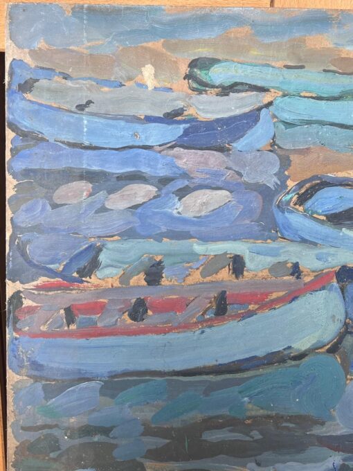 Fishing Boats In Dappled Blue Dock Mid Century French Impressionist Oil - Image 3