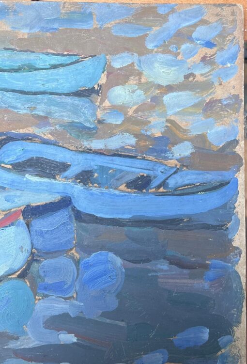 Fishing Boats In Dappled Blue Dock Mid Century French Impressionist Oil - Image 4
