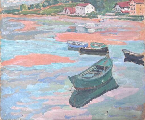 Fishing Boats In Dappled Blue Dock Mid Century French Impressionist Oil - Image 7