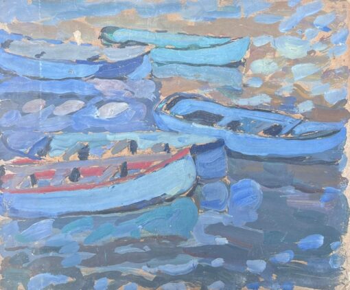 Fishing Boats In Dappled Blue Dock Mid Century French Impressionist Oil