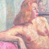 Portrait of a Posed Nude Lady On a Pink Sofa Mid Century French Painting