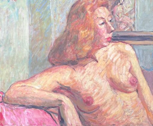 Portrait of a Posed Nude Lady On a Pink Sofa Mid Century French Painting