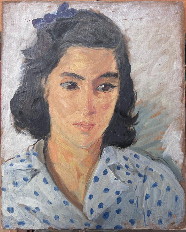 Portrait of A Lady in a Poker Dot Blue Shirt Mid Century French Painting - Image 2
