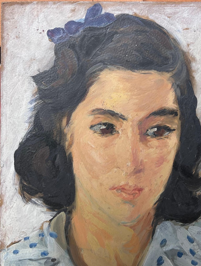 Portrait of A Lady in a Poker Dot Blue Shirt Mid Century French Painting - Image 3