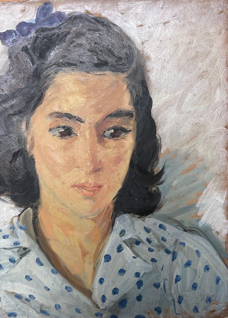 Portrait of A Lady in a Poker Dot Blue Shirt Mid Century French Painting - Image 4