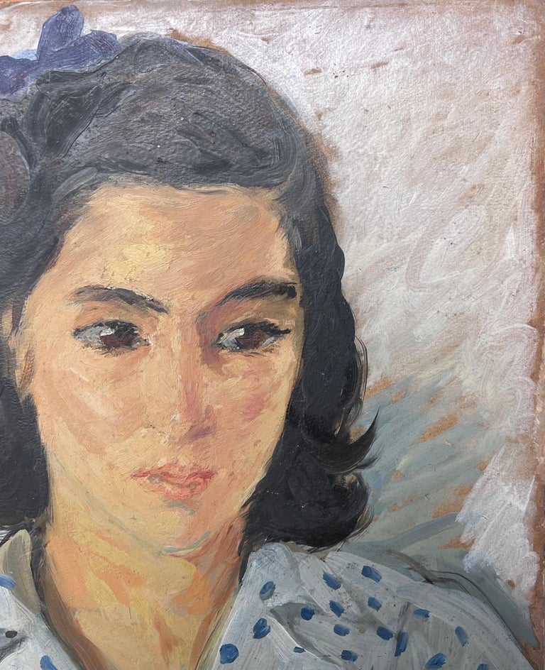 Portrait of A Lady in a Poker Dot Blue Shirt Mid Century French Painting - Image 5