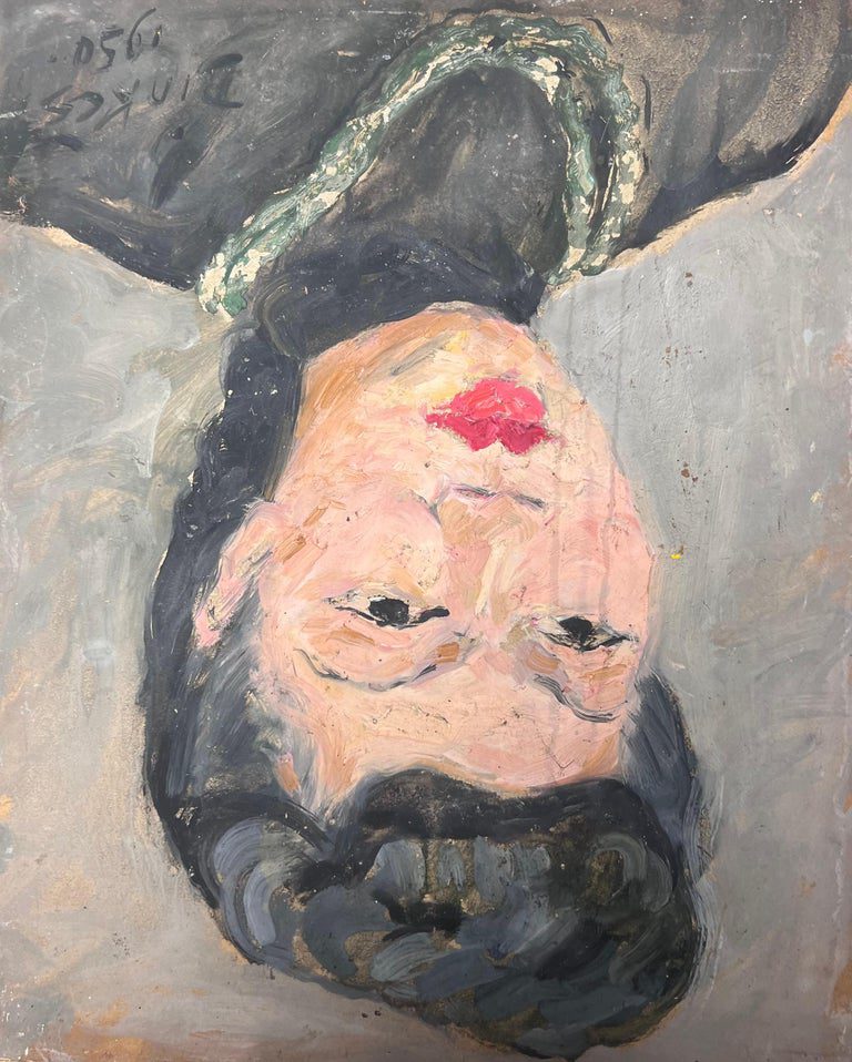 Portrait of A Lady in a Poker Dot Blue Shirt Mid Century French Painting - Image 7