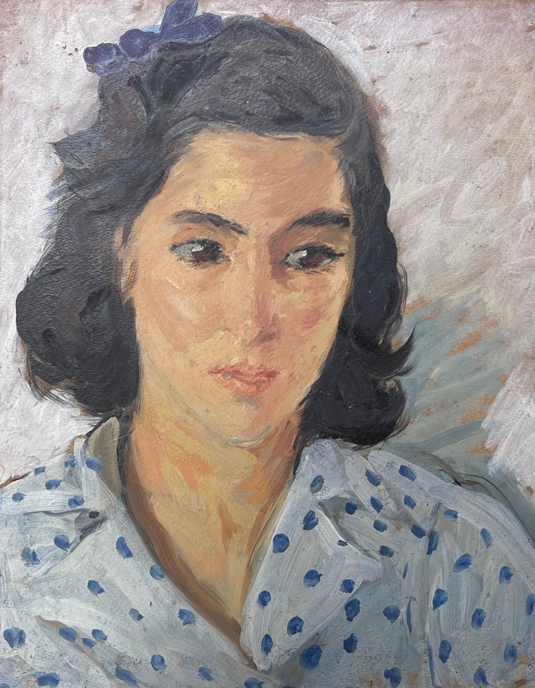Portrait of A Lady in a Poker Dot Blue Shirt Mid Century French Painting