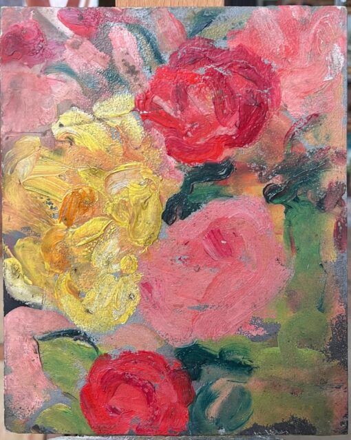 French Mid Century Painting Red , Yellow and Pink Rose Still Life - Image 2