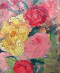 French Mid Century Painting Red , Yellow and Pink Rose Still Life