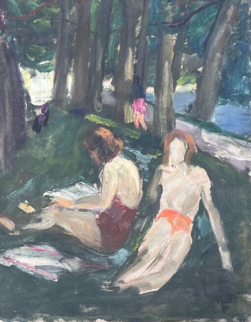 Figures Sunbathing By The Woodland River Bay French Mid Century Painting - Image 3