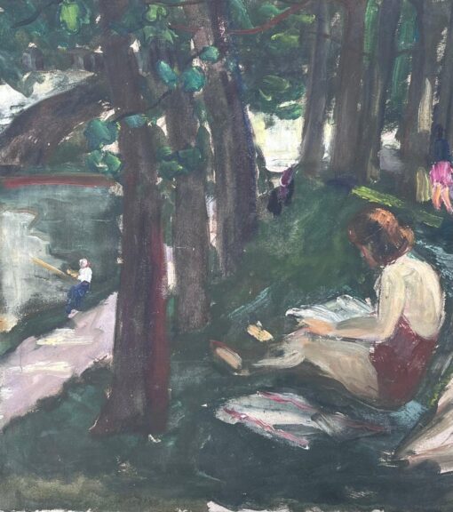 Figures Sunbathing By The Woodland River Bay French Mid Century Painting - Image 4