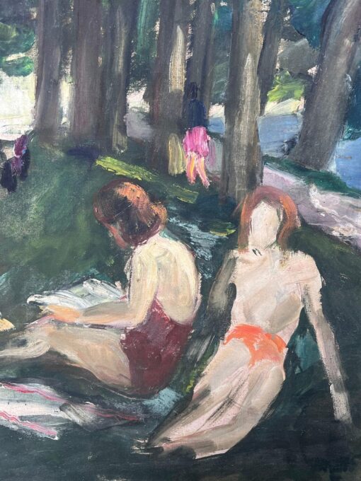 Figures Sunbathing By The Woodland River Bay French Mid Century Painting - Image 5