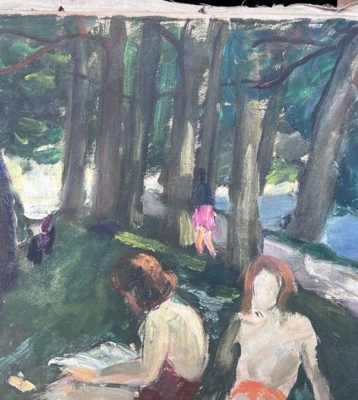 Figures Sunbathing By The Woodland River Bay French Mid Century Painting - Image 7