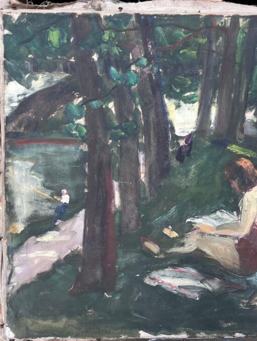 Figures Sunbathing By The Woodland River Bay French Mid Century Painting - Image 8