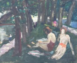 Figures Sunbathing By The Woodland River Bay French Mid Century Painting