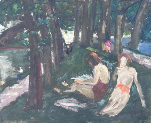 Figures Sunbathing By The Woodland River Bay French Mid Century Painting