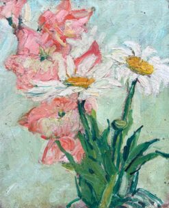 Daisies & Pink Flowers In Green Room Interior French Mid Century Painting